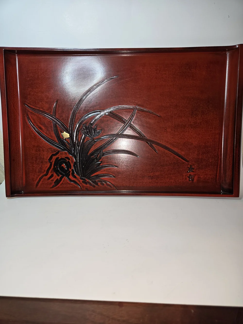 Vintage TOYO Red Lacquerware Serving Tray with carved flower and leaf designs
